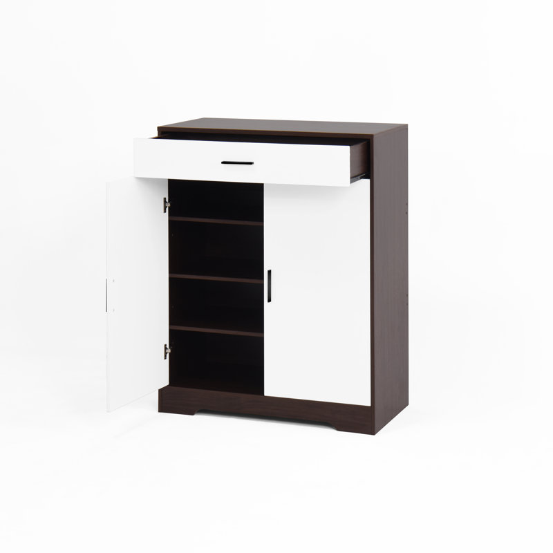 Range-chaussures, range-chaussures à 4 niveaux avec 1 tiroir, range-chaussures autoportant en bois avec 2 portes blanches et tablettes réglables pour le vestibule, buffet