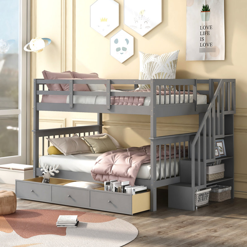 Lit superposé gris, avec tiroir, rangement et garde-corps pour le rangement fonctionnel de la chambre à coucher, Gray