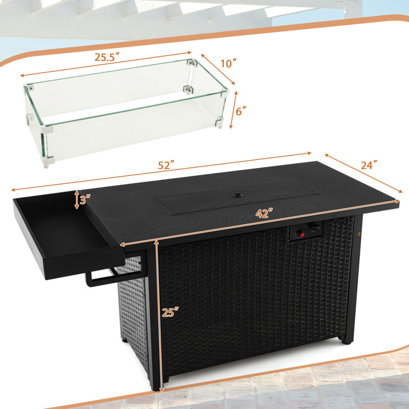 50000 Btu 42 In. Outdoor Propane Gas Fire Pit Table With Wind Guard And Glass Rocks, Black, Black