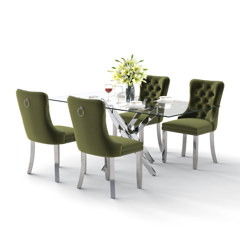 Ensemble de table de salle à manger rectangulaire en verre trempé, table de salle à manger de luxe avec chaise de salle à manger en velours capitonné