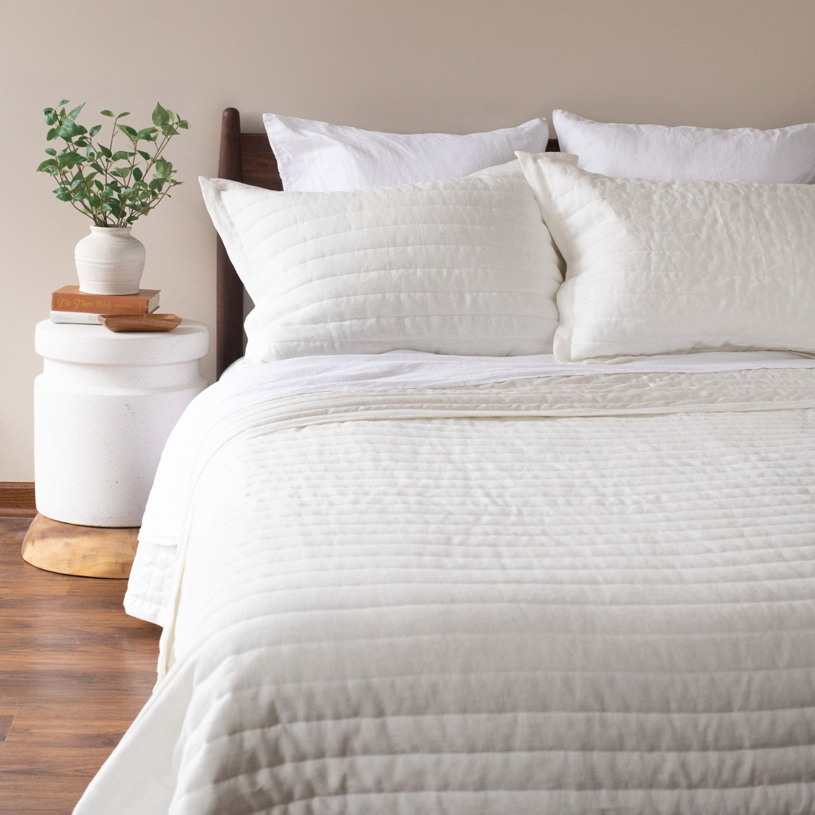 French Linen Channel Stitch Quilt & Sham Set - King/Cal King - Matcha, Queen Quilt + 2 Standard Shams, Cream