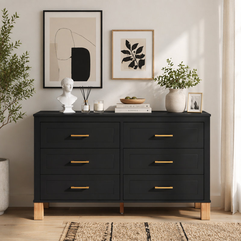Commode de rangement moderne à 6 tiroirs avec poignées en métal et pieds en bois massif pour chambre d'enfant, Noir