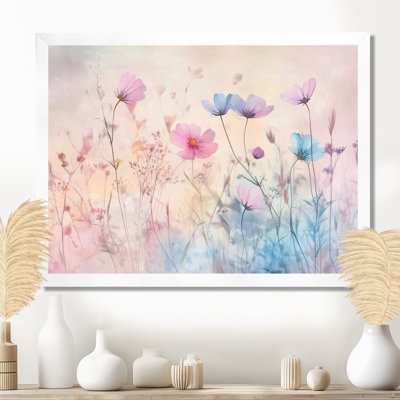 Harmonie des champs de fleurs sauvages rose pastel et bleu pâle I - Tableau encadré de fleurs sauvages