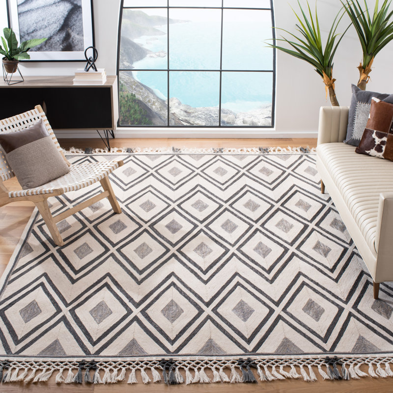 Gaetana Hand Tufted Jute/Cotton Geometric Rug in Gray/Ivory, Rectangle 6' x 9'