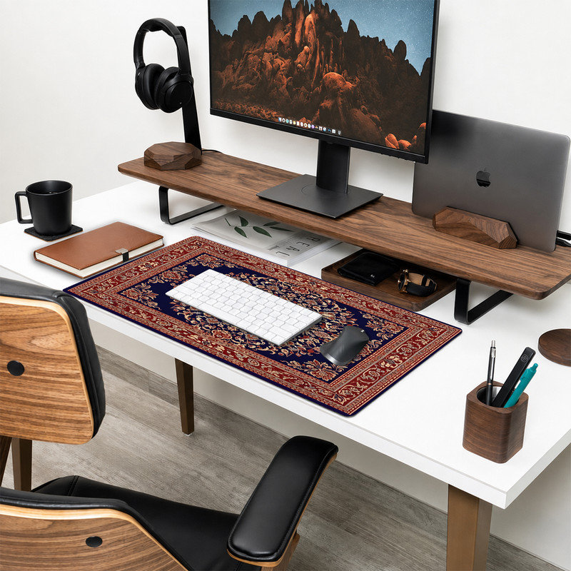  Tapis de souris en caoutchouc, surface en microfibre lisse, base antidérapante, tapis de souris décoratif à bord arrondi pour le bureau et les jeux, 17 po x 47 po, design persan rouge marine