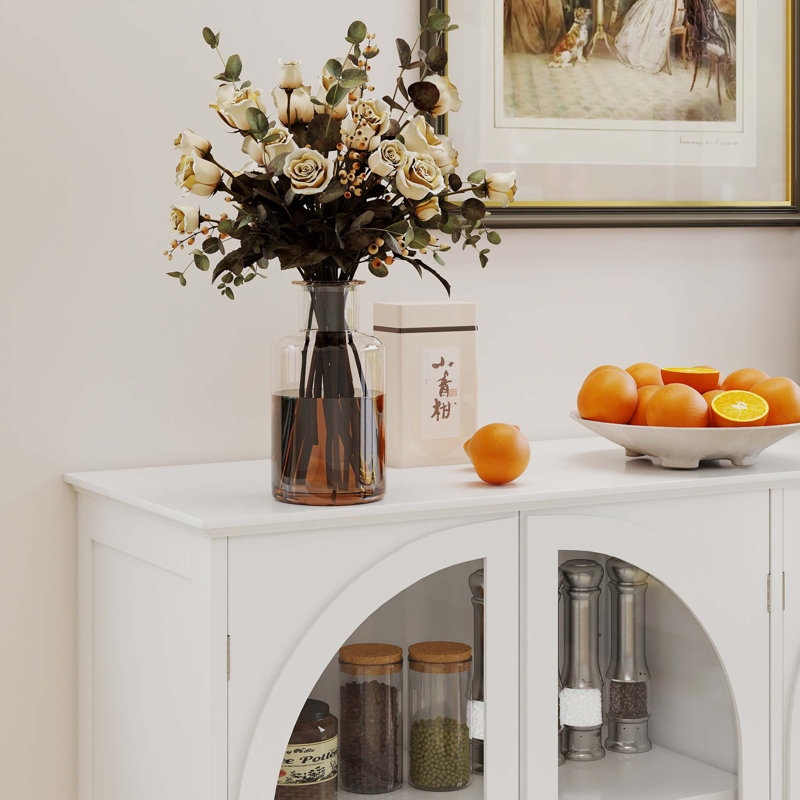 Buffet en verre arqué avec tablettes réglables et deux tiroirs, Blanc