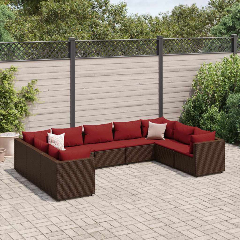  Patio Lounge Set Brown PE Rattan, Powder-Coated Steel 9 Piece Set, Brown, Cinnamon Red