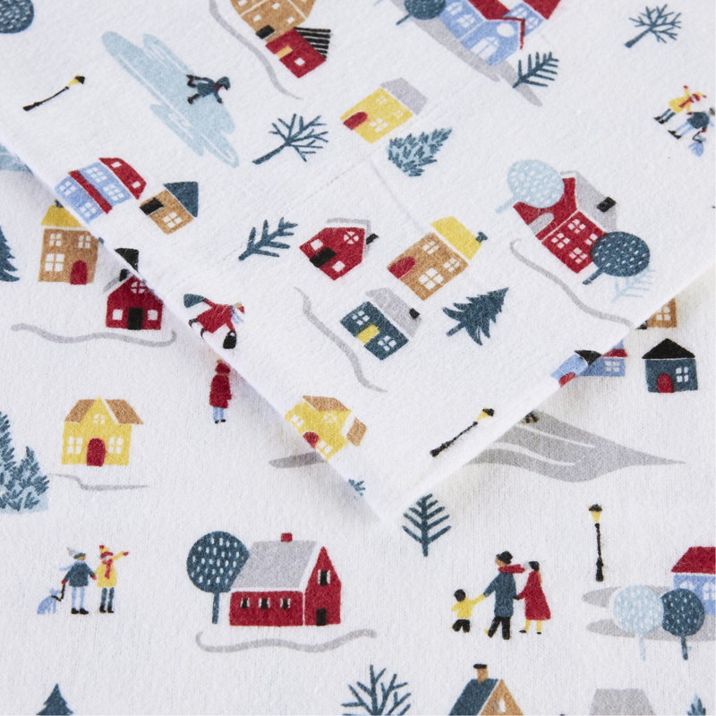 Très grand drap 4 pièces à imprimé village blanc, 100% flanelle de coton, ultra doux et lavable à la machine, livré avec un drap plat, 2 taies d'oreiller douillettes