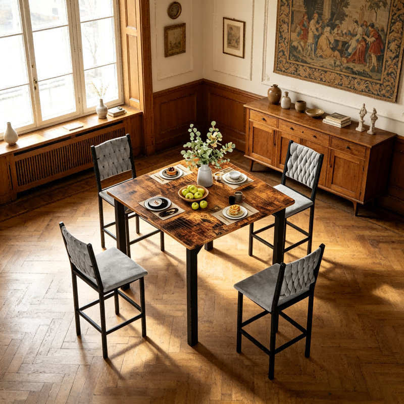Ensemble de table de salle à manger 5 pièces avec table à hauteur de comptoir et 4 tabourets de bar, ensemble de salle à manger de cuisine moderne en faux marbre avec chaises rembourrées, ensemble de salle à manger compact pour petits espaces, brun