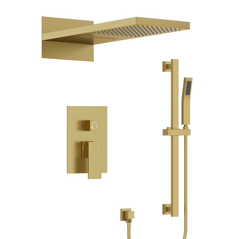 22" Waterfall & Rainfall Shower System with Adjustable Slide Bar Handheld Shower and Pressure-Balanced Valve, Brushed Gold