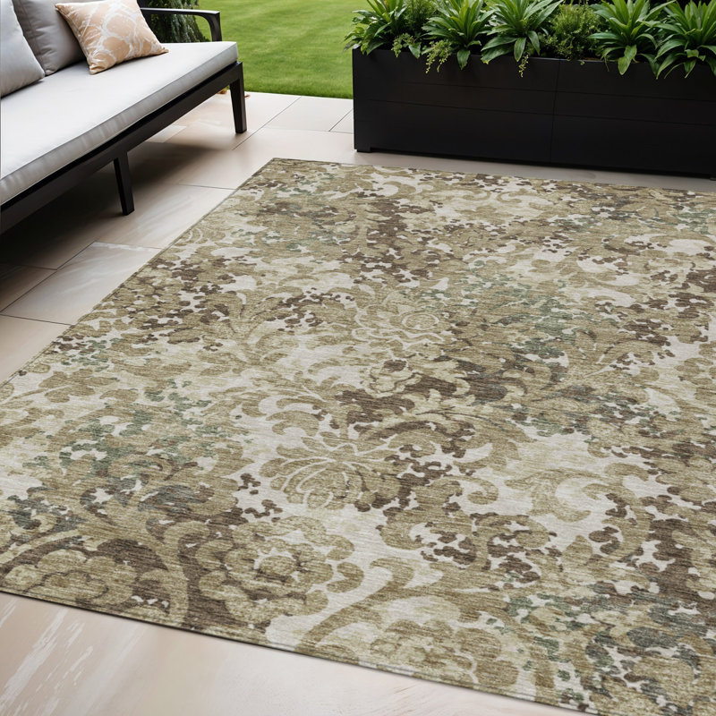 Tapis extérieur lavable floral taupe et brun 5 pi x 8 pi beige