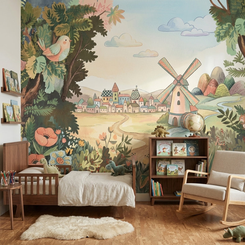 Papier peint de contes de fées campagne, 100 po x 96 po, Peler et coller