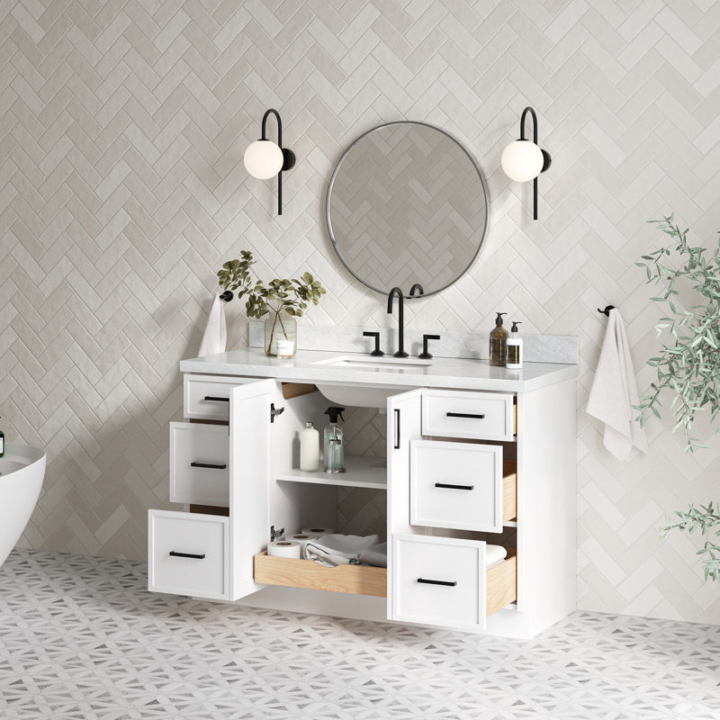 ARIEL Kelly Single Sink Bathroom Vanity with Italian Carrara Marble Top, White, 55"