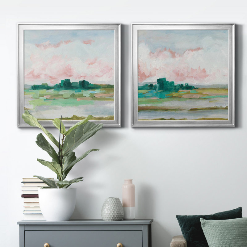 «Pink Marsh I», ensemble de 2 reproductions d'aquarelles conçues par J Paul, Argent argent, H 22,5 po x l 45 po