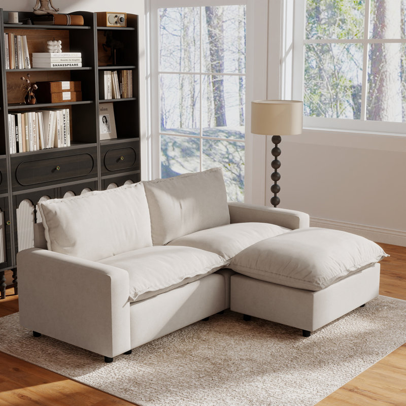 Canapé rembourré 3 pièces en tissu de lin avec repose-pieds Moncada, Beige