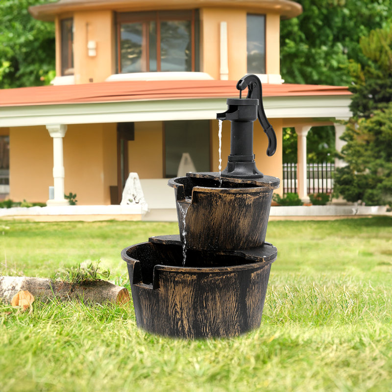 Rustic Brown 2-Tier Barrel Waterfall Fountain with Pump