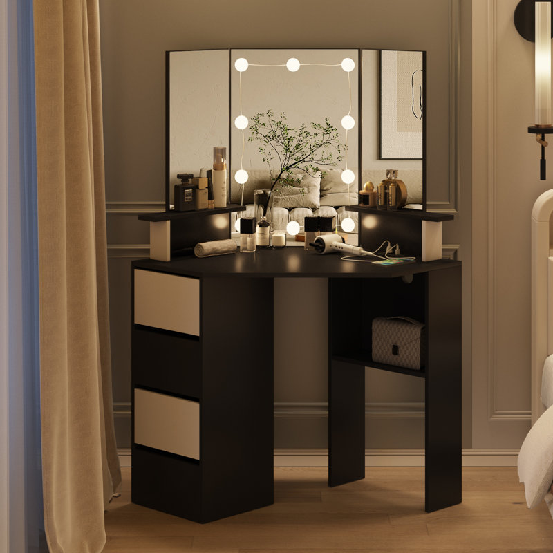 Miroir de meuble-lavabo de coin 42 po avec lumières, Noir