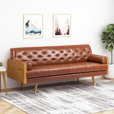 Style moderne du milieu du siècle, brun, 183 cm (l) x 77,5 cm (p) x 79,5 cm (h), revêtement en polyuréthane, coussins décoratifs roulés, pieds bruns, tissu, traversin avec surpiqûres en losange