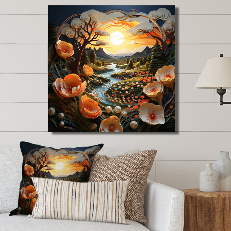 Sunset Golden Meadow Collage I - Landscapes Wall Decor, H 36 po x l 36 po x P 1,5 po, Cadre flottant blanc