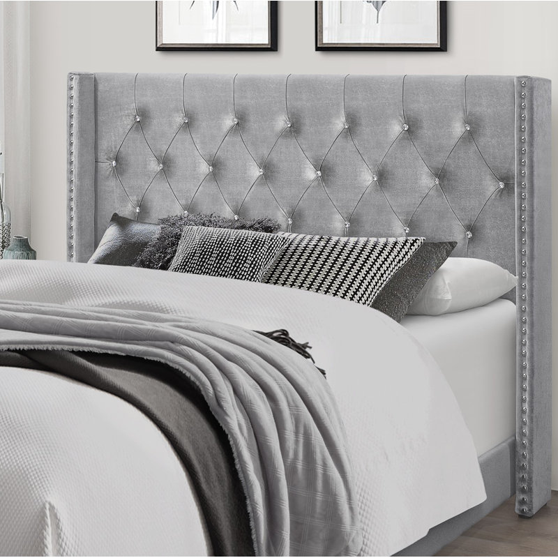 Lit standard tapissier Sanders, Grand, Velours argent / gris