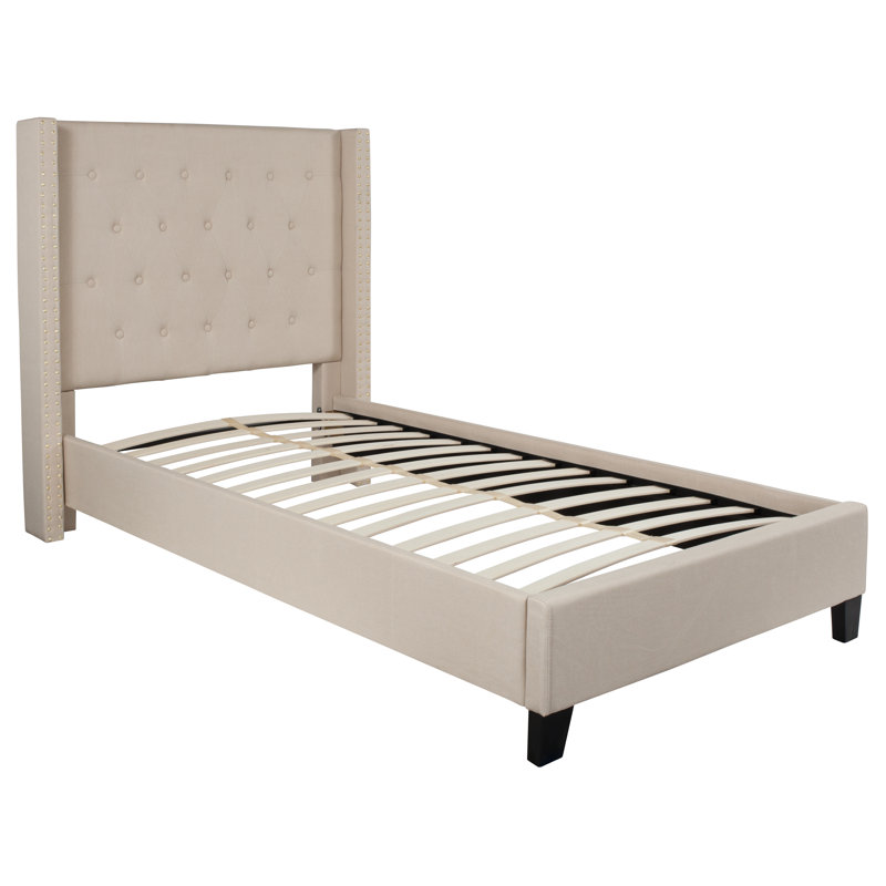 Aluino Tufted Upholstered Platform Bed w/ Accent Nail Trimmed Extended Sides, Beige, Full
