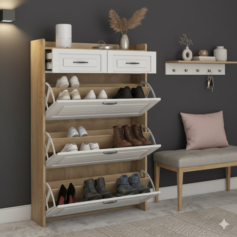 Shoe Storage Cabinet In White And Oak Finish With Three Doors And Two Drawers, Providing Substantial Storage Space