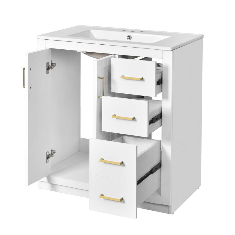 Ensemble de meuble-lavabo 30 po avec lavabo en céramique, armoire de rangement en bois massif, ensemble de meuble-lavabo autoportant avec 3 tiroirs et portes à fermeture douce