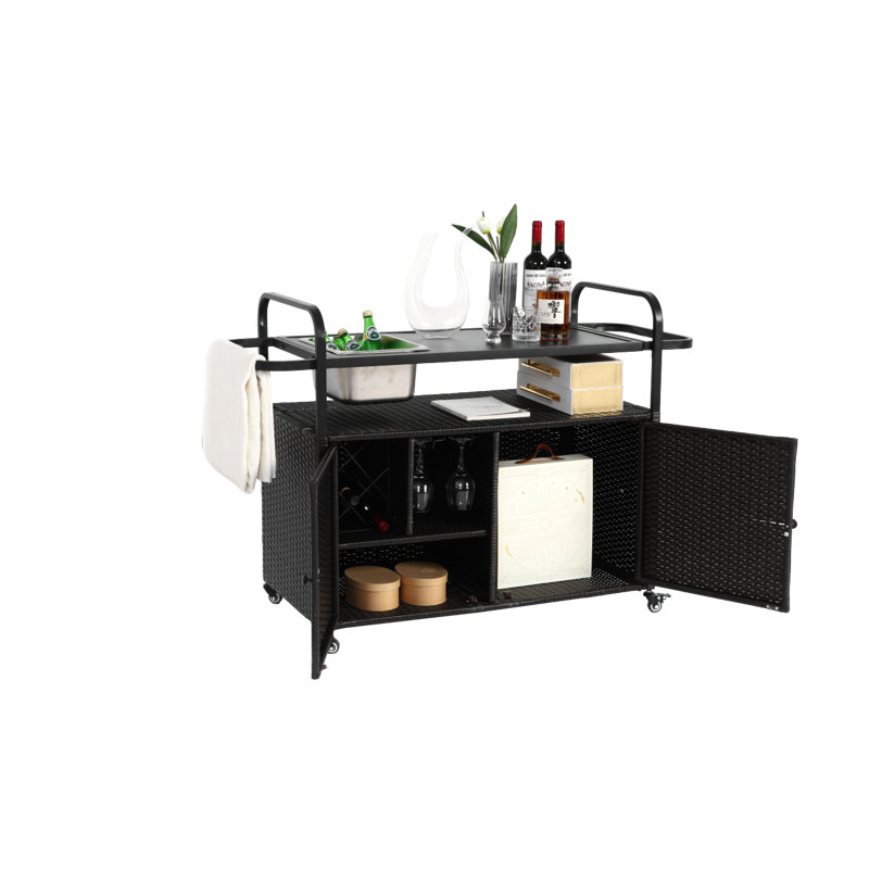 Outdoor Bar Table, Wicker Bar Cart With Cabinet, Patio Serving Cart With Steel Top, With One Ice Bucket,Lockable Wheels, Side Basket