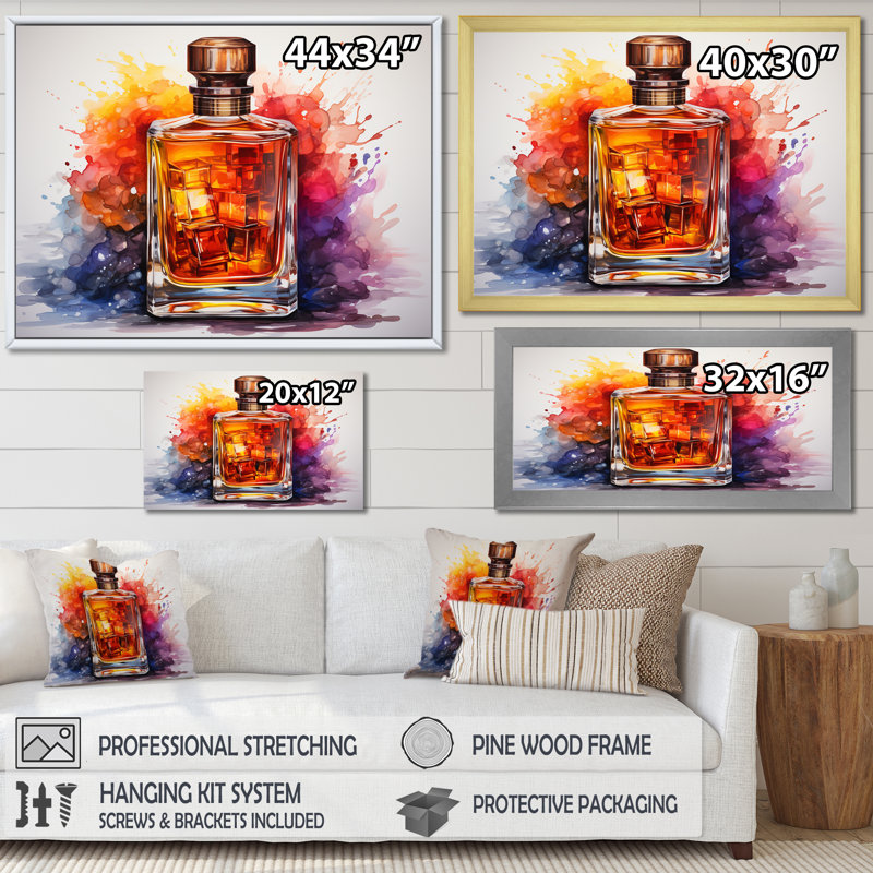 Orange orange bouteille de parfum 1 - Parfums, art mural, H 34 po x l 44 po x P 1,5 po, Cadre d'angle fermé noir