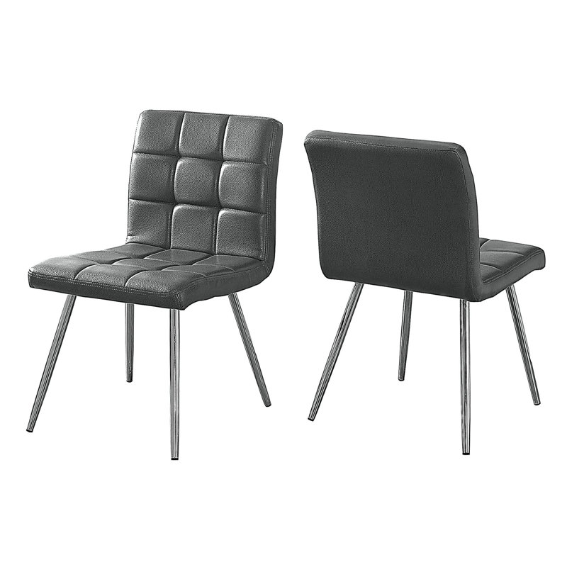 Chaise de salle à manger, ensemble de 2, latérales, rembourrées, cuisine, salle à manger, aspect cuir gris, métal chromé, contemporain, moderne