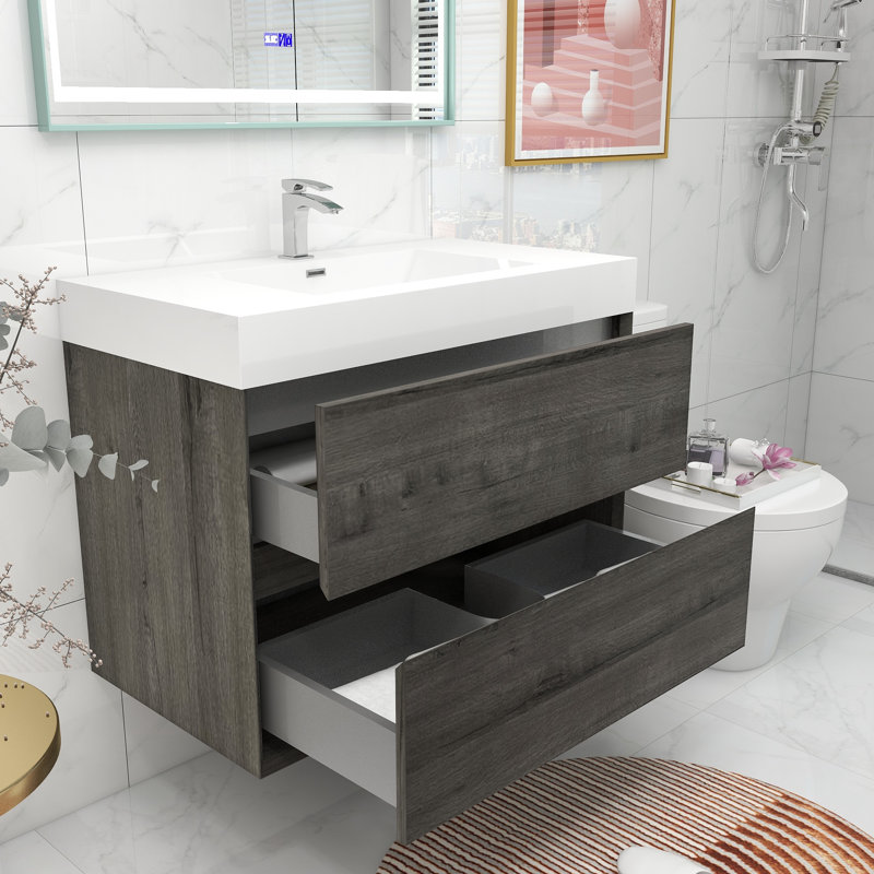 35.4'' Single Bathroom Vanity with Acrylic Top, Somoke Oak