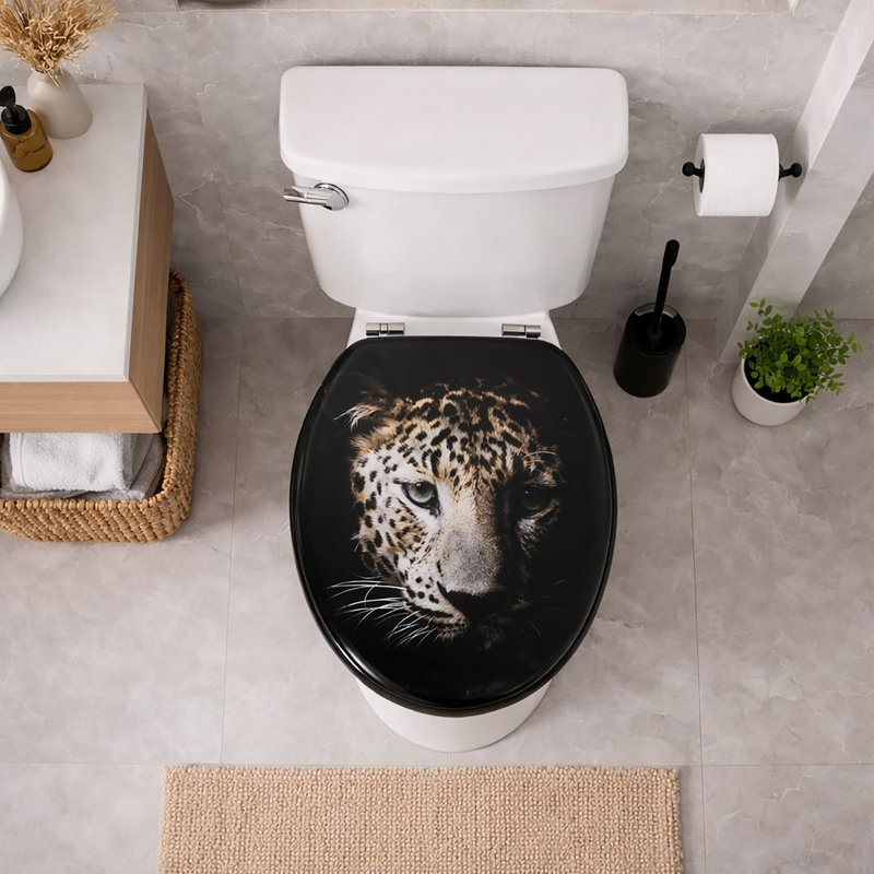 18-Inch Black Elongated Toilet Seat with Leopard Print