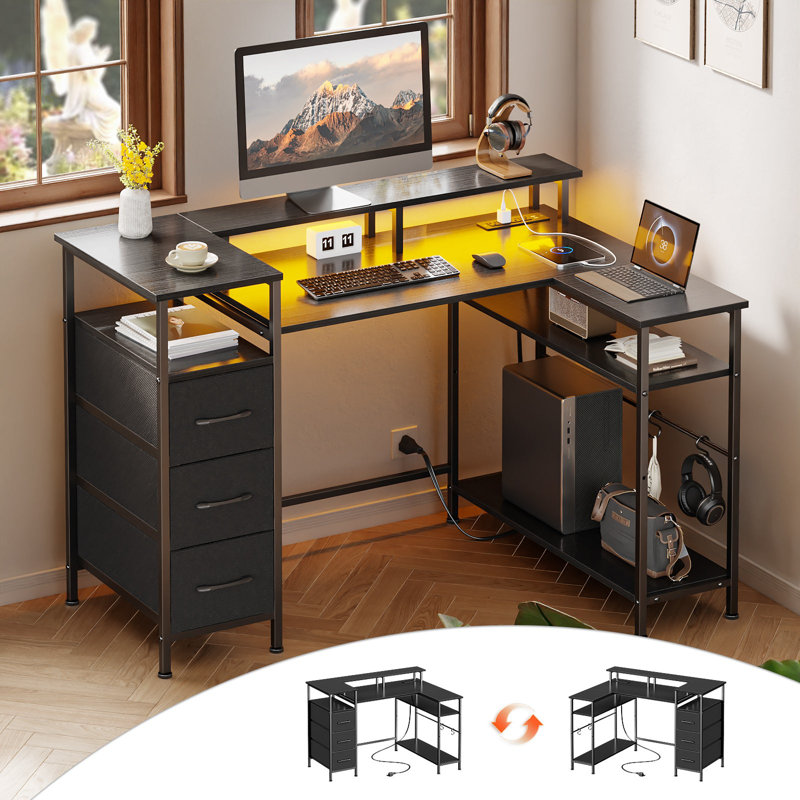 L-Shaped Gaming & Writing Desk with RGB LED Lights and Charging Ports, Home Office Corner Computer Desk, Movable Monitor Stand, Storage Shelves and 3 Fabric Cabinets