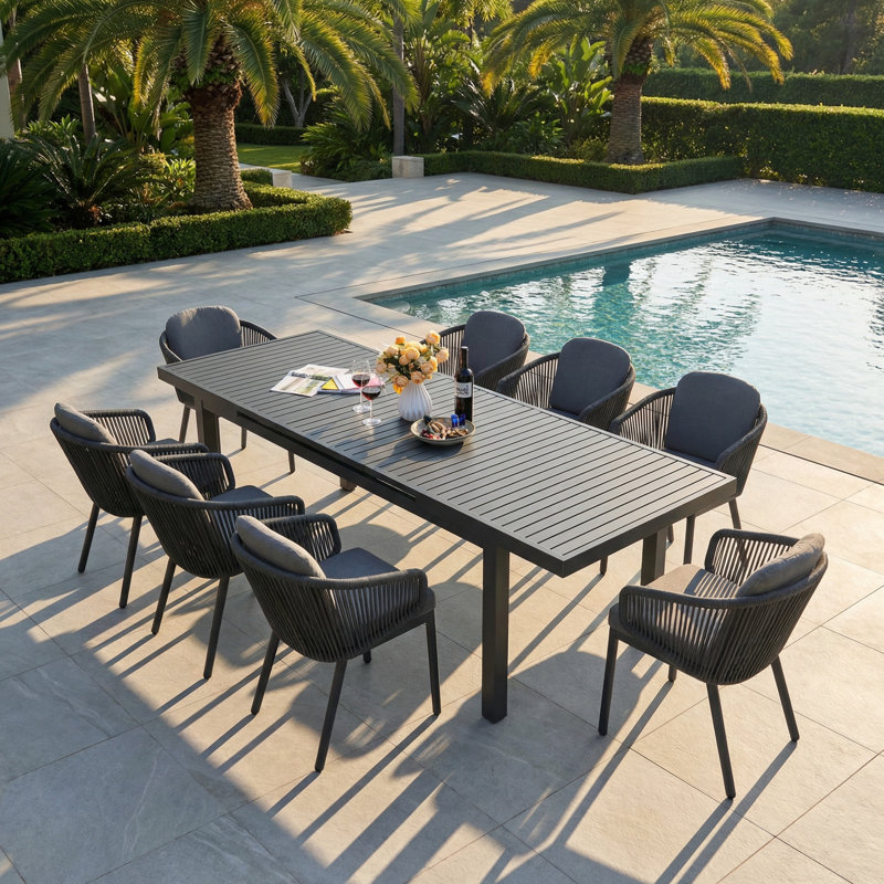 8 - Person Aluminum Patio Dining Set With Extendable Rectangular Table And Wricker Dining Chairs , Cushions Included