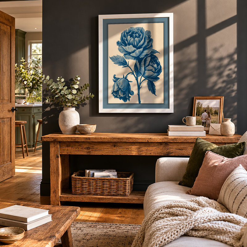 Rose in Blue Botanical - Framed Print, A4 - 29.7 x 21.0 cm, White