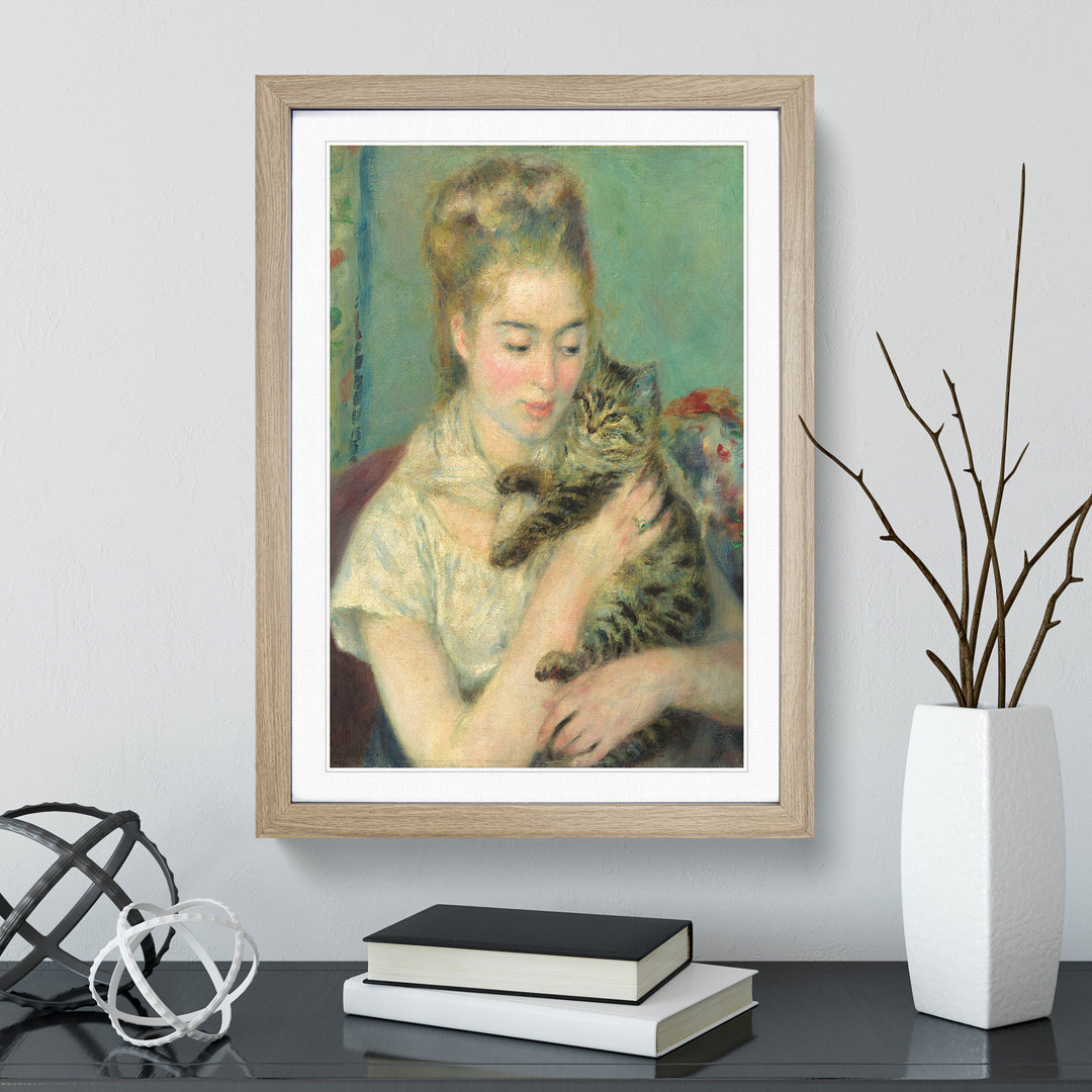 Woman with a Cat by Pierre-Auguste Renoir - Framed Print
