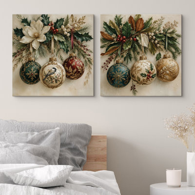 Rustic Holiday Ornaments With Evergreen Branches And Festive Winter Charm Framed Canvas Master Bedroom Wall Art Work 2 Pieces Print Set