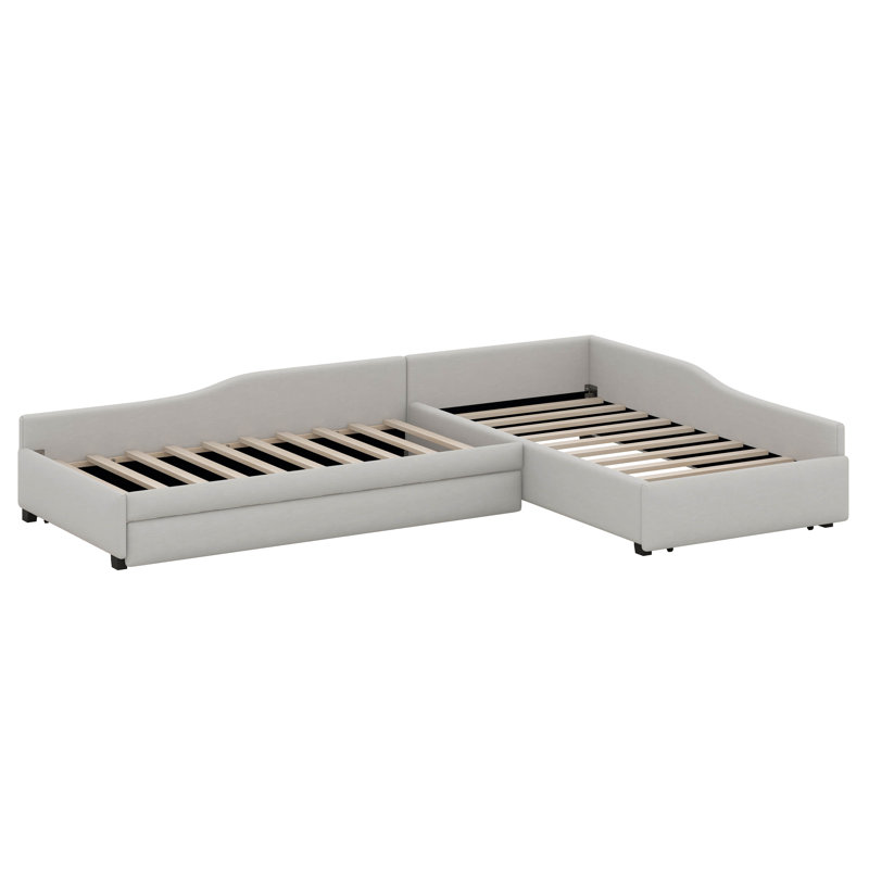 Lit simple en forme de L avec lit gigogne et tiroir, structure de lit de jour double tapissier, base de lit d'angle