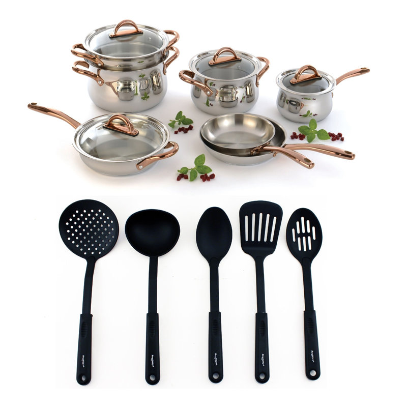 BergHOFF Ouro Gold 16Pc 18/10 Stainless Steel Cookware Set with 5Pc Nylon Tool Set, Glass Lids