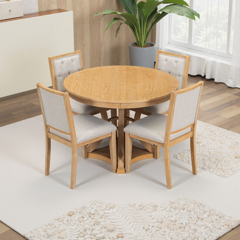 5-Piece Extendable Rustic Dining Table Set for 4-6, Solid Wood Frame & Padded Seats, Natural