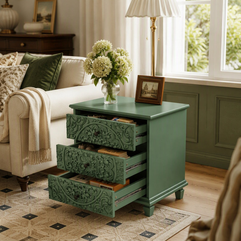 Table de chevet en bois sculpté à 3 tiroirs, commode décorative en relief à volutes rétro, rangement pour chambre à coucher et salon