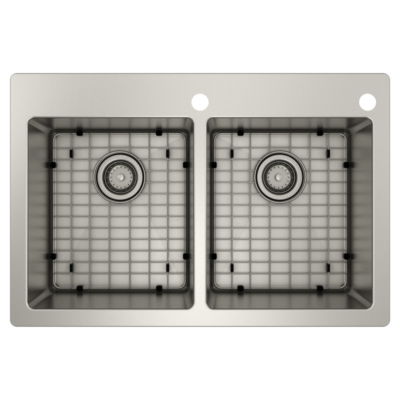 Évier de cuisine à double cuve en acier inoxydable à double installation avec grille de fond 33 po x 22 po Prep 1800 Series