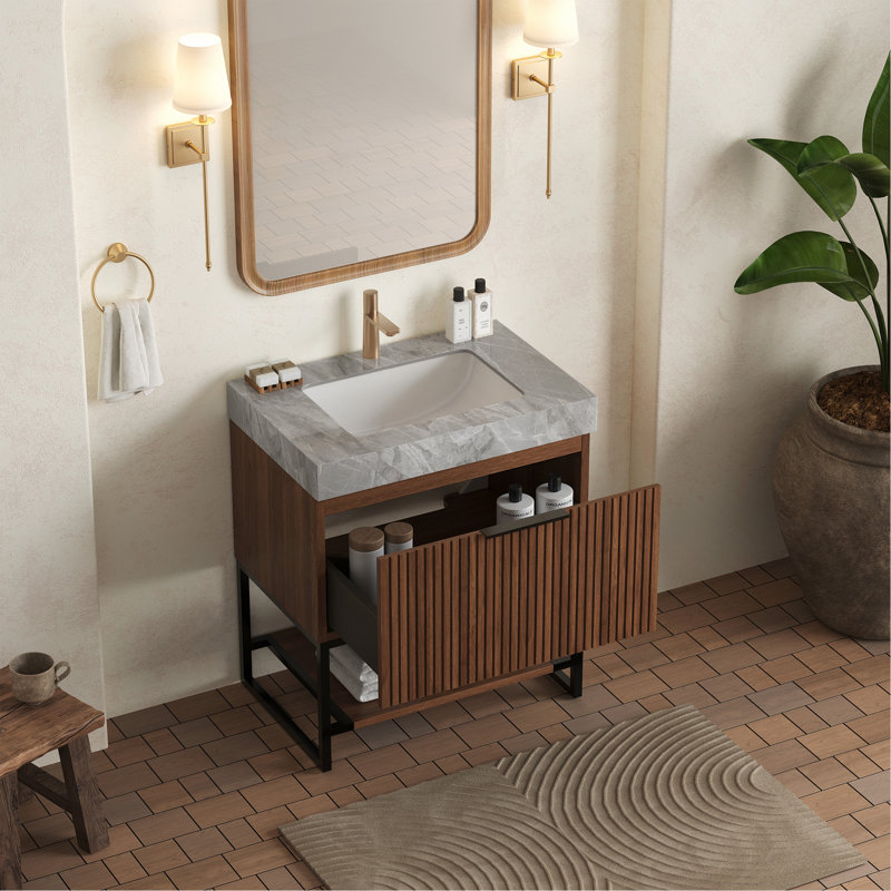 Meuble-lavabo 30 po, meuble de rangement autoportant en contreplaqué rayé avec tiroir et tablette ouverte, plateau en pierre frittée gris clair et vasque en céramique encastrée, noyer foncé pré-assemblé