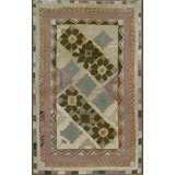 Antique American Folk Art Diamond In Square Pattern Hooked Rug