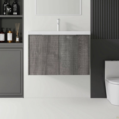 Meuble-lavabo flottant 36 po avec lavabo, porte en céramique, contreplaqué, gris