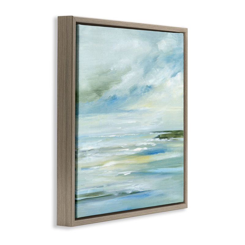 «Cloudy Blue Beach Impression» par Lera, H 18 po x l 18 po, Cadre flottant orme Montalcino