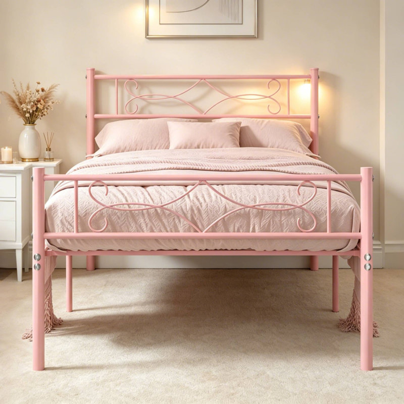 Structure de lit simple avec lit plateforme et tête de lit en métal, sommier sans sommier, Lit simple, Rose