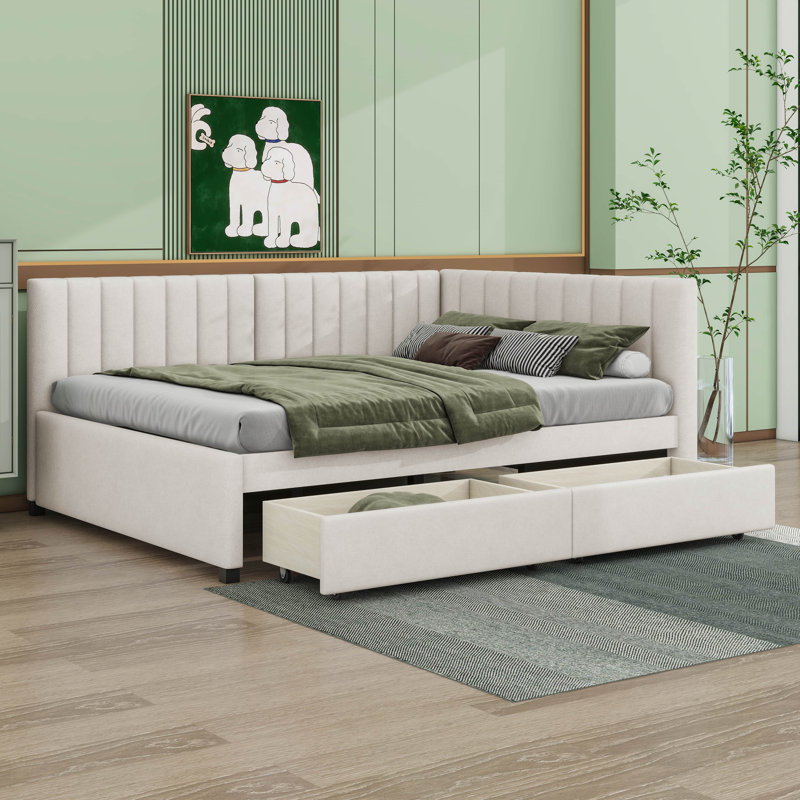 Cathaline Full Size Upholstered Daybed with 2 Storage Drawers Sofa Bed Frame, Beige
