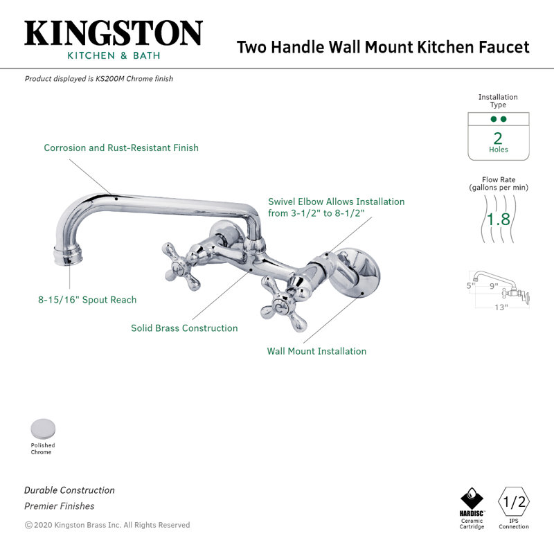 Kingston Brass Double-Handle 2-Hole Wall-Mount Bridge Kitchen Faucet