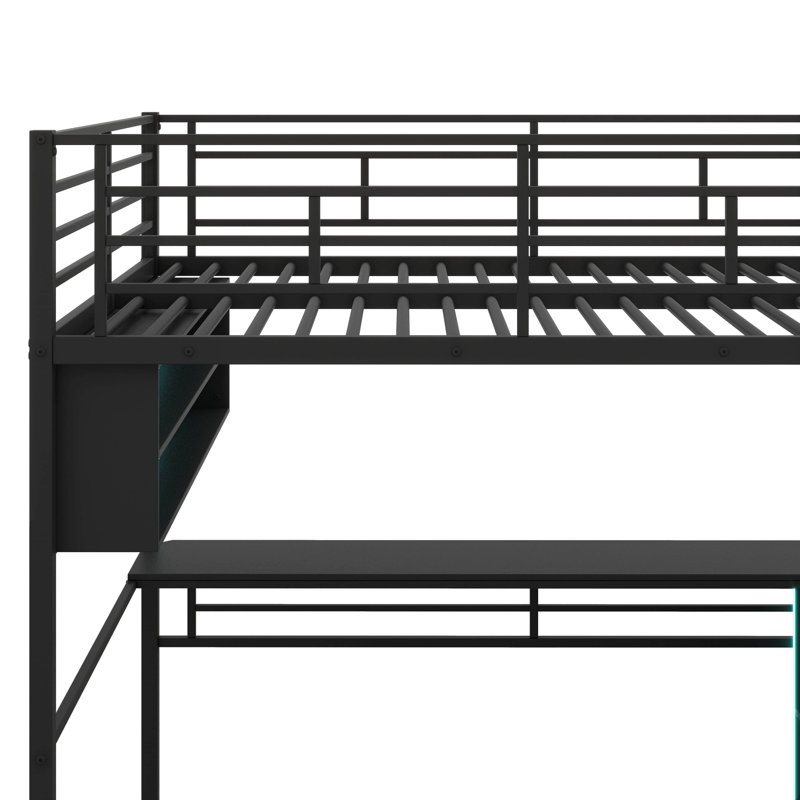 Lit mezzanine moderne en métal avec éclairage à DEL intégré, bureau et quatre tablettes de rangement, Double